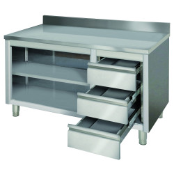 TABLE INOX 1600 X 700 MURALE DESSOUS FERMÉ + BLOC 3 TIRROIRS